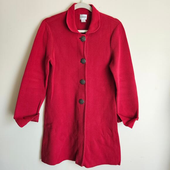 Chicos Cherry Red Long Cotton Sweater Coat Sz 1 (Small) - Picture 1 of 5